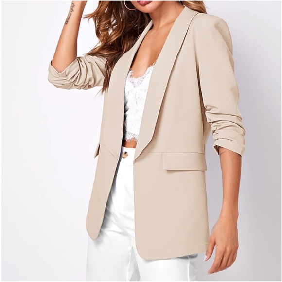 Classic Ruched 1/2 Sleeve Open Front Blazer - Picture 9 of 12